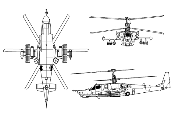 Ka-50 techn. drei Seiten Sicht, Wikimedia public Domain